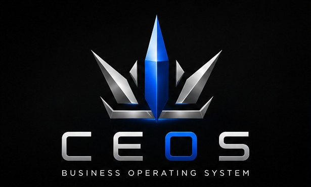 CE OS chrome crown with electric-blue spire and wordmark